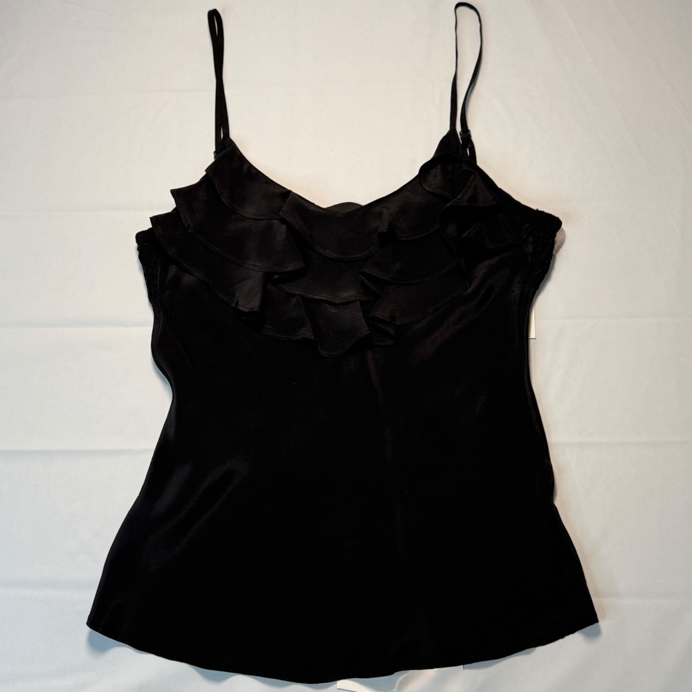 Modern Amusement Womens Cami XS Silk Ruffle Smocked Back Top Black Camisole